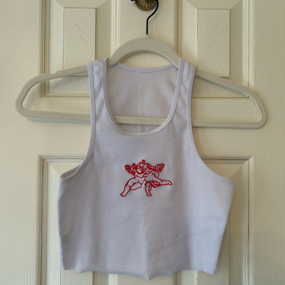 White Tank Top with Red Cherub (Angel) Embroidery